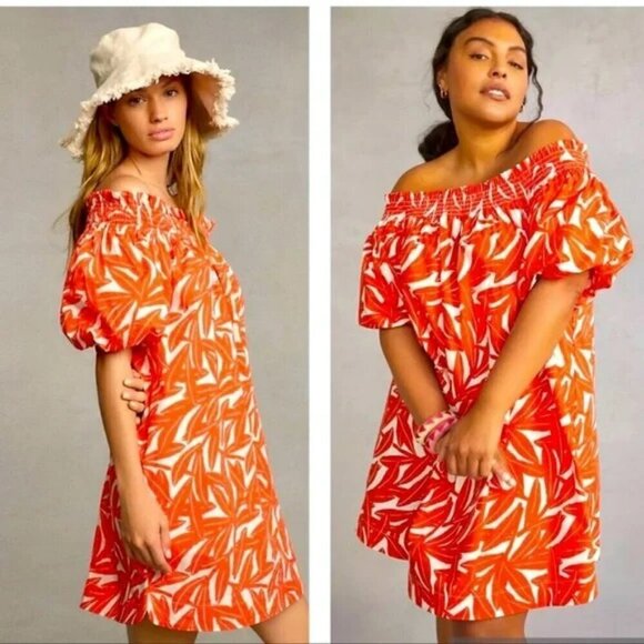 Whit Two Anthro Women"s Dress Small Red Banana Leaf Off Shoulder Smocked Poplin - Picture 1 of 10